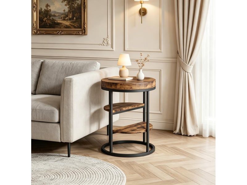  Bout de canapé tcqpz rond 3 niveaux 50 x 65 cm rangement ouvert métal et bois brun rustique  - Conforama E