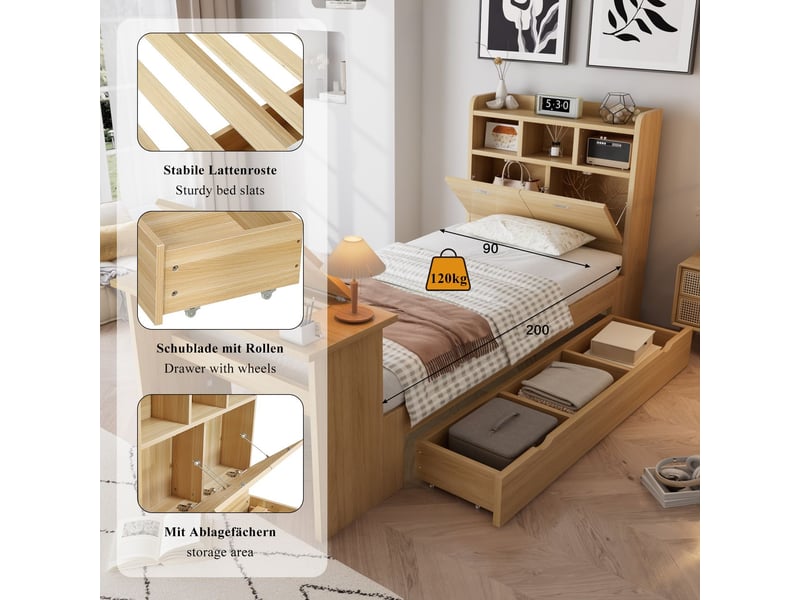  Lit enfant 90 x 200 cm rangement tête de lit lit simple rangement intégré étagère de tête de lit tiroir coulissant table rabattable réglable montage flexible du tiroir finition bois naturel  - Conforama D
