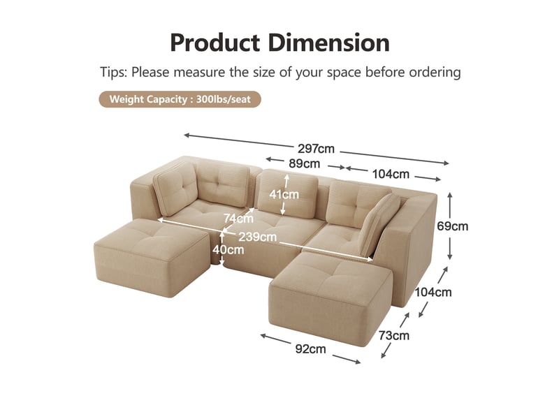  Canapé d'angle modulable en u avec assise profonde et dossier enveloppant en cordon beige  - Conforama E