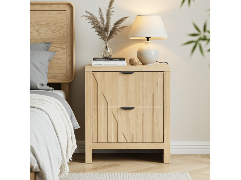 Table de chevet tcqpz 48 x 40 x 55,5 cm 2 tiroirs rangement style mid-century moderne mdf et panneaux de particules chêne clair  - Conforama B