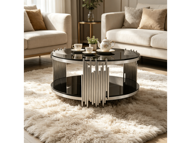 Table basse ronde en acier inoxydable et verre trempé à 2 niveaux noir et argent chicfurn - Conforama B