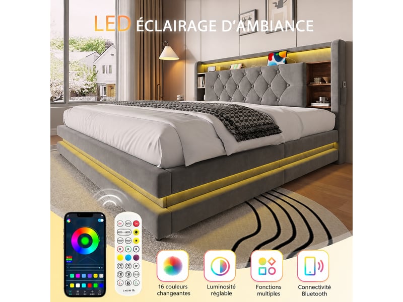  Lit coffre 160 x 200 cm en velours avec tête de lit à rangements, led, usb et type-c, sommier relevable, gris foncé  - Conforama E