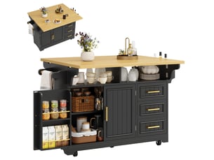 Desserte 2 portes 3 tiroirs - îlot de cuisine mobile avec plateau rabattable 143x40x95 cm en mdf noir