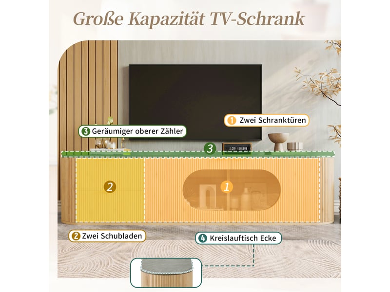Meuble tv décor bois en mdf, portes à relief vertical 3d, vitrine ovale en verre gris et rangements pour le salon - Conforama D