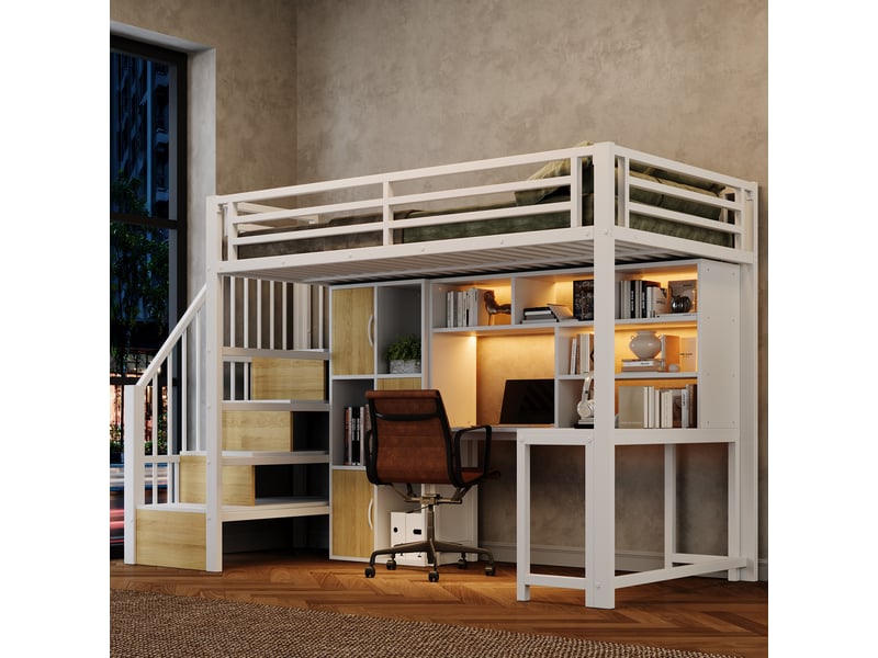  Lit mezzanine 90 x 200 cm avec bureau, led et escalier avec rangement, lit simple en métal blanc avec étagères et placards intégrés  - Conforama C