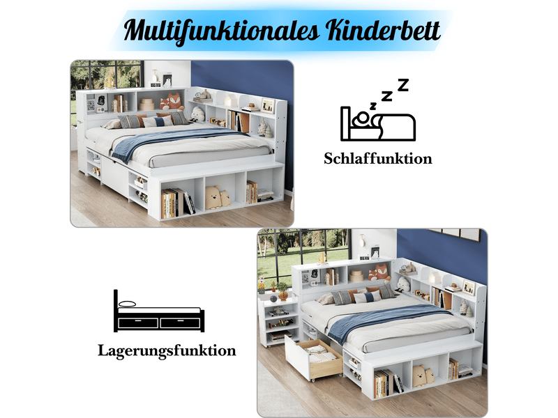  Lit enfant 140x200 cm - lit combiné avec tiroirs et bibliothèque, lit avec rangement blanc, sans matelas  - Conforama D