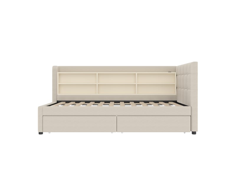  Lit banquette beige 90x200 cm avec 2 tiroirs, rangements, usb et type-c  - Conforama A