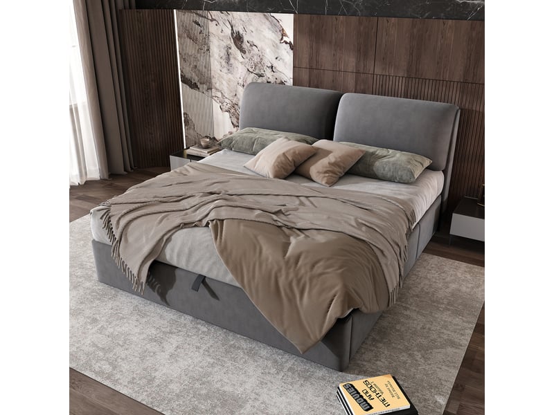  Lit coffre 160x200 cm gris, velours, sommier relevable hydraulique, 3 tiroirs, tête de lit réglable, sommier à lattes inclus  - Conforama R