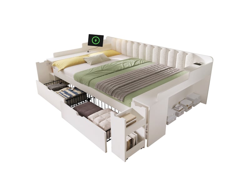 Lit de jour canapé-lit 140 x 190 cm blanc avec rangements, usb et usb-c - Conforama A