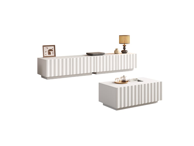  Ensemble de meuble tv et table basse blanc avec motif ondulé 3d, 4 tiroirs + 2 tiroirs  - Conforama A