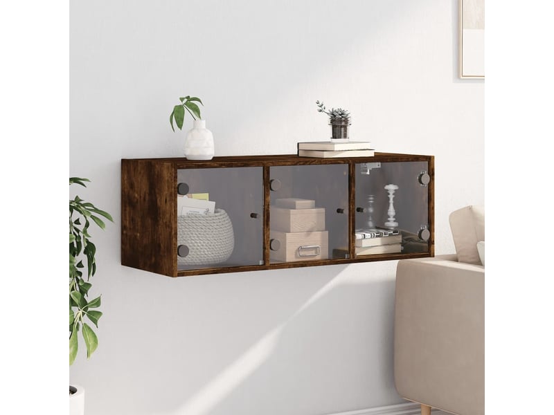  Armoire murale salon, meuble de rangement avec portes en verre chêne fumé 102x37x35 cm  - Conforama C