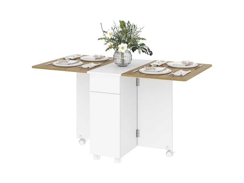  Table à manger pliable pour 6 personnes, table de cuisine sur roulettes avec 2 tiroirs 2 placards, 140x76x74cm, blanc  - Conforama B