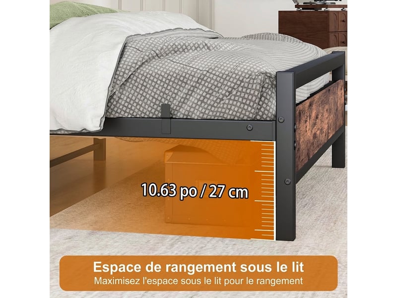  Cadre de lit 140x190 métal et bois mdf - style industriel vintage avec sommier et rangement  - Conforama E