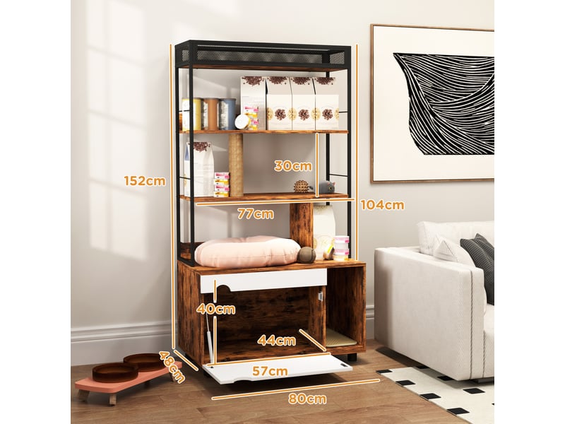  Meuble litière 2-en-1 80 x 48 x 152 cm – marron rustique – étagère 3 niveaux et griffoir intégré  - Conforama C