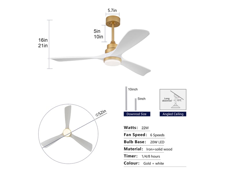 Ventilateur de plafond 52 pouces avec lumière et télécommande, pales en bois massif, fonction mémoire après coupure, moteur dc silencieux, design blanc et or pour salon et maison de campagne ORFRW5766P470016 - Conforama C