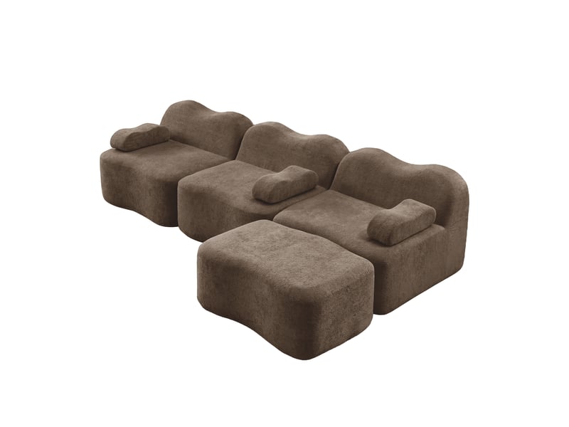  Canapé modulaire d'angle 3 places avec assise profonde et pouf, en velours marron  - Conforama A