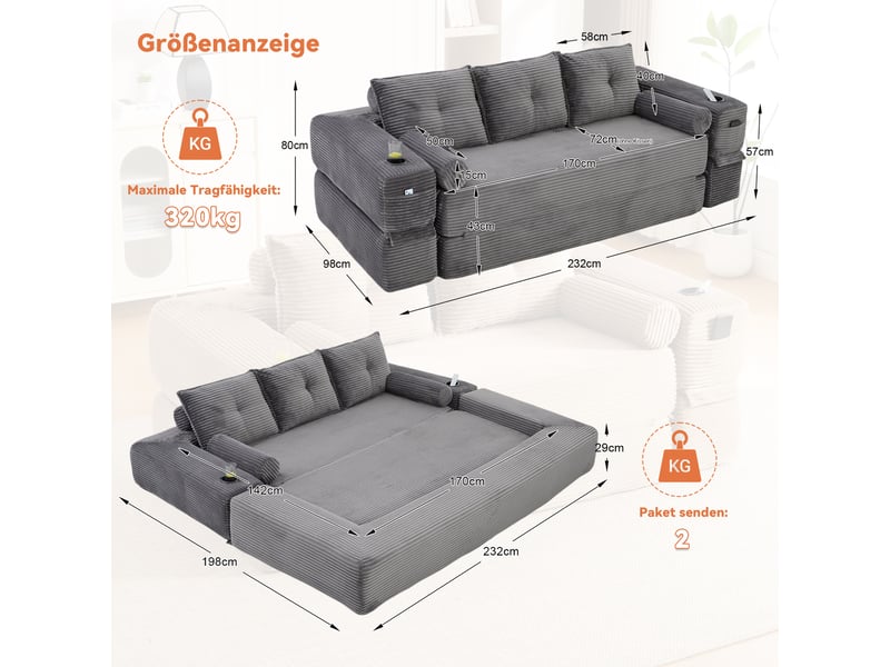 Canapé convertible 3 places gris foncé - lit d'appoint avec sacs latéraux, porte-verres et coussin memoire - Conforama C