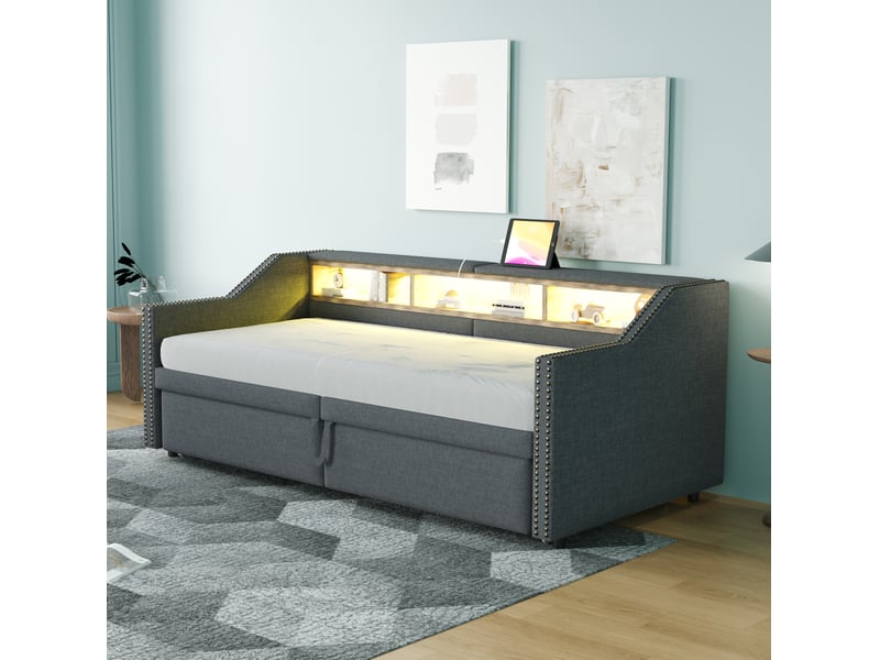  Lit rembourré tcqpz 90180 x 200 cm avec rangement led usb gris foncé et deux matelas à ressorts  - Conforama D