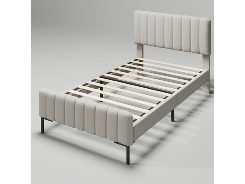  Lit enfant 90x200 cm, lit simple avec sommier à lattes et tête de lit réglable, tissu en lin beige, sans matelas  - Conforama E