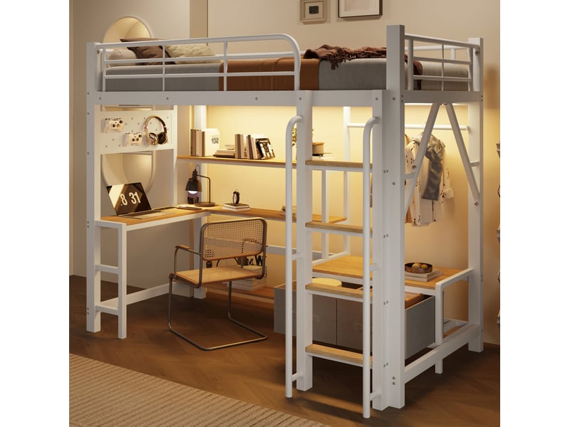  Lit mezzanine 90x200 cm avec bureau, rangements et led blanc  - Conforama B