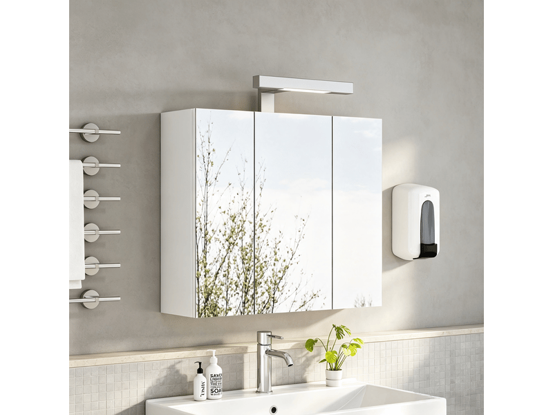  Meuble de salle de bain avec miroir led de 60 cm, 3 portes, prise schuko et étagères en verre réglables, blanc.  - Conforama A