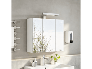 Meuble de salle de bain avec miroir led de 60 cm, 3 portes, prise schuko et étagères en verre réglables, blanc.
