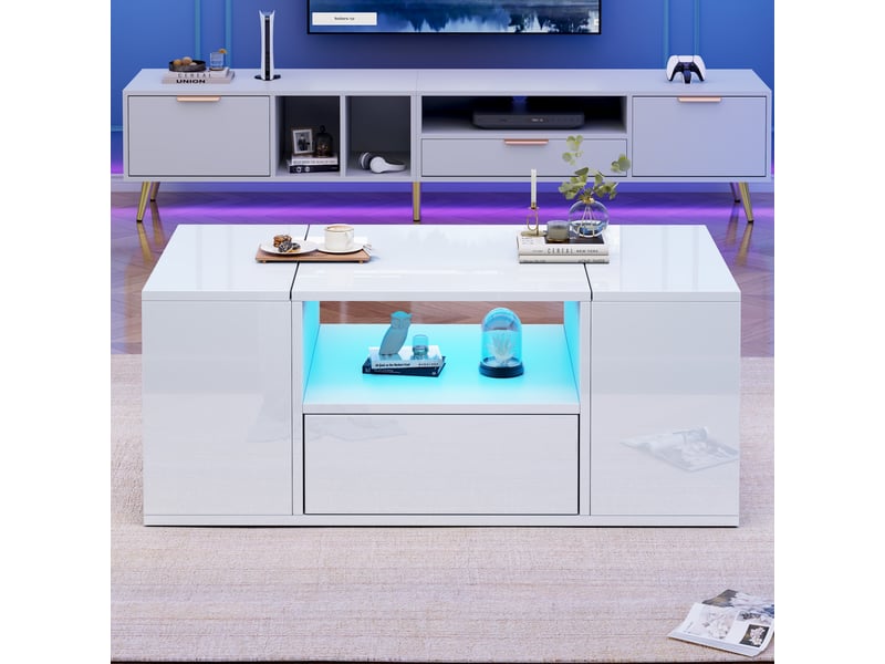  Table basse blanche brillante avec éclairage led, table de salon 100x50x40 cm avec tiroir et compartiments  - Conforama D