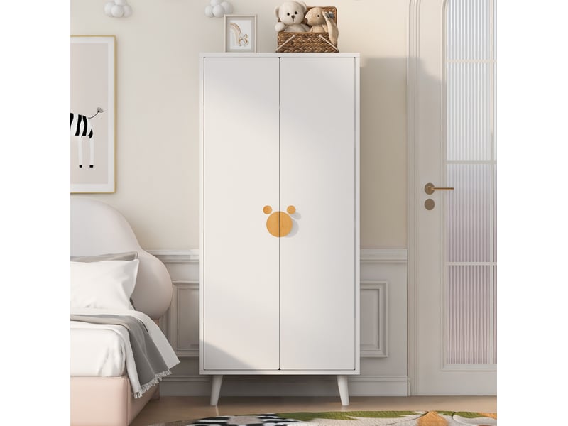  Armoire 2 portes avec penderie, 2 tiroirs et rangement bas pour chambre d’enfant en mdf blanc 140 × 55 × 170 cm  - Conforama E