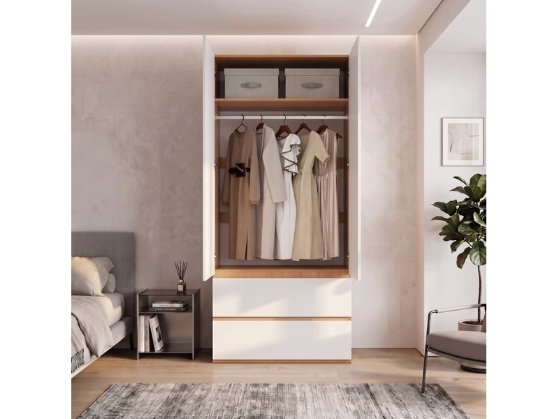  Porte armoire 90x50x200 cm avec 1 barre de penderie, 2 tiroirs et 2 portes, mdf et panneau de particules, blanc  - Conforama E