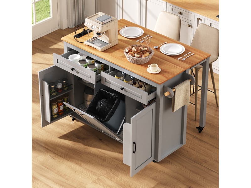  Îlot cuisine mobile 120x40-75x92 cm plan extensible 40-75 cm prises compartiment poubelle roulettes mdf gris  - Conforama W