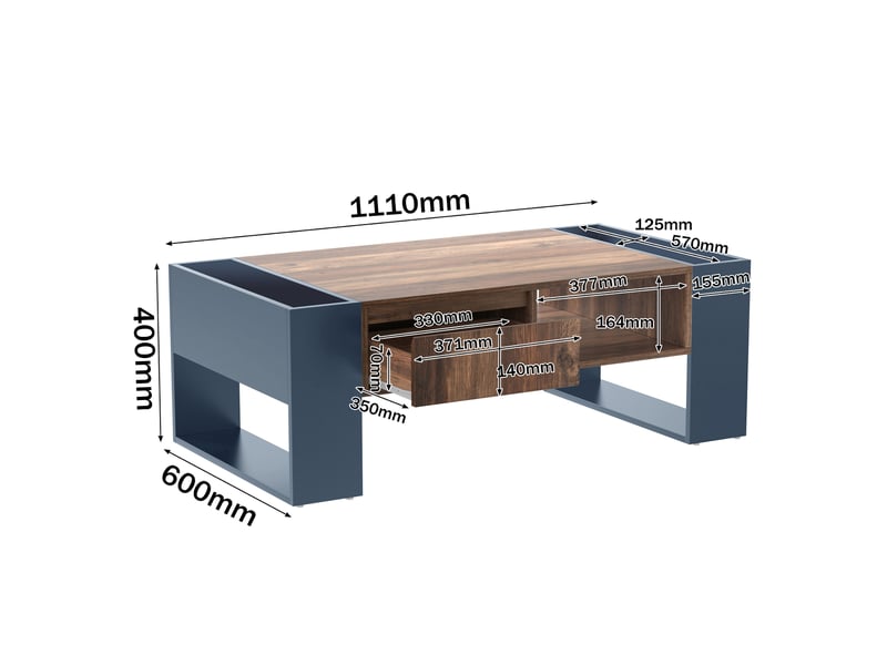  Table basse avec tiroir et niches de rangement pour salon 111×60×40 cm en panneaux de particules noir et gris  - Conforama E