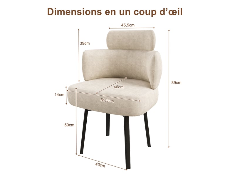 Fauteuil 1 place - 56,5x46x89 - chaise chenille pivotante 360° avec accoudoirs, coussin épais 14cm, pieds métal - blanc crème  - Conforama E