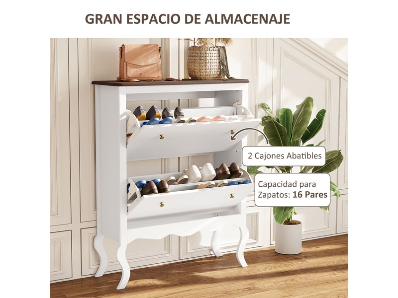 Meuble à chaussures étroit avec 2 tiroirs abattants et étagères réglables pour 16 paires de chaussures, 84 x 29 x 109 cm, blanc - Conforama E