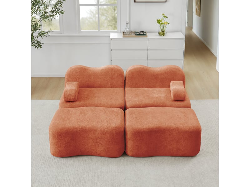 Canapé modulaire 2 places avec ottomans, assise profonde et dossier ergonomique en velours orange - Conforama B