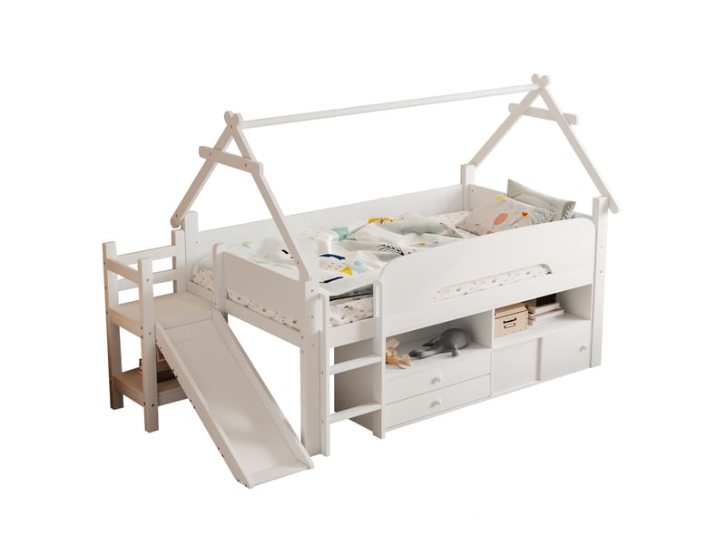  Lit mezzanine enfant 90x200 cm avec toboggan, bois et mdf blanc et gris sans matelas  - Conforama A