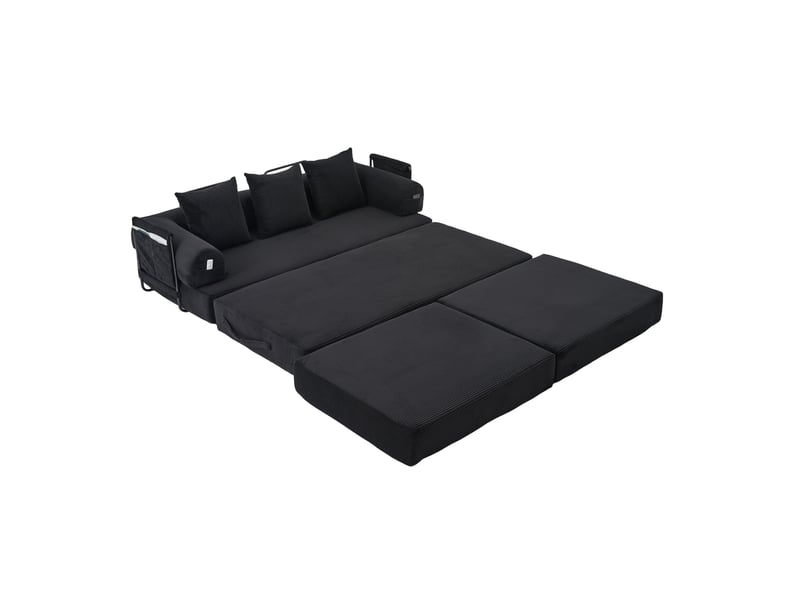  Canapé modulable 3 places en velours côtelé noir avec pouf et 3 coussins  - Conforama A