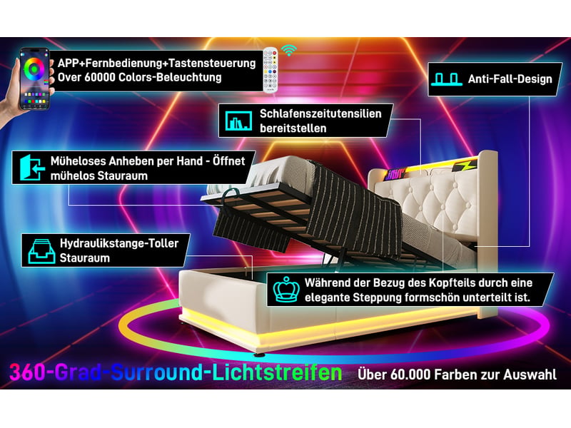  Lit coffre 90x200cm led 360 usb type c hydraulique blanc pu avec matelas  - Conforama E