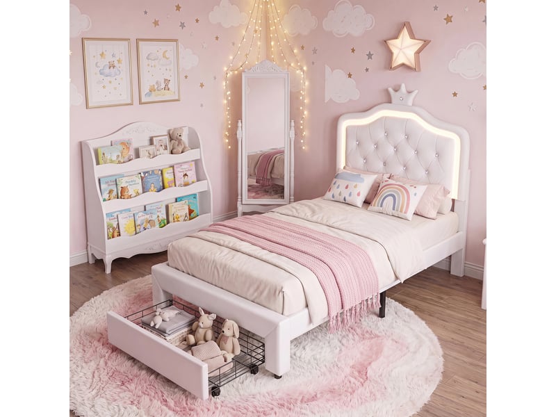  Lit enfant 90x200 cm avec 1 tiroir, lit simple en pu blanc avec tête de lit en forme de couronne réglable et éclairage led, structure de lit avec sommier à lattes  - Conforama B