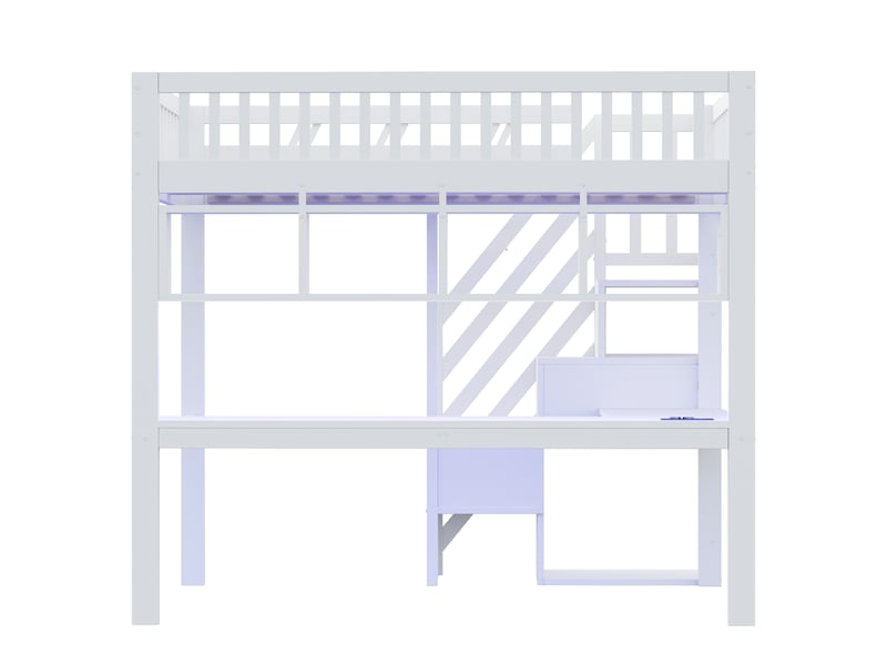 Lit mezzanine adulte 140x200 avec bureau et rangement - bois massif avec escalier, led, prise usb, gain de place blanc - Conforama E