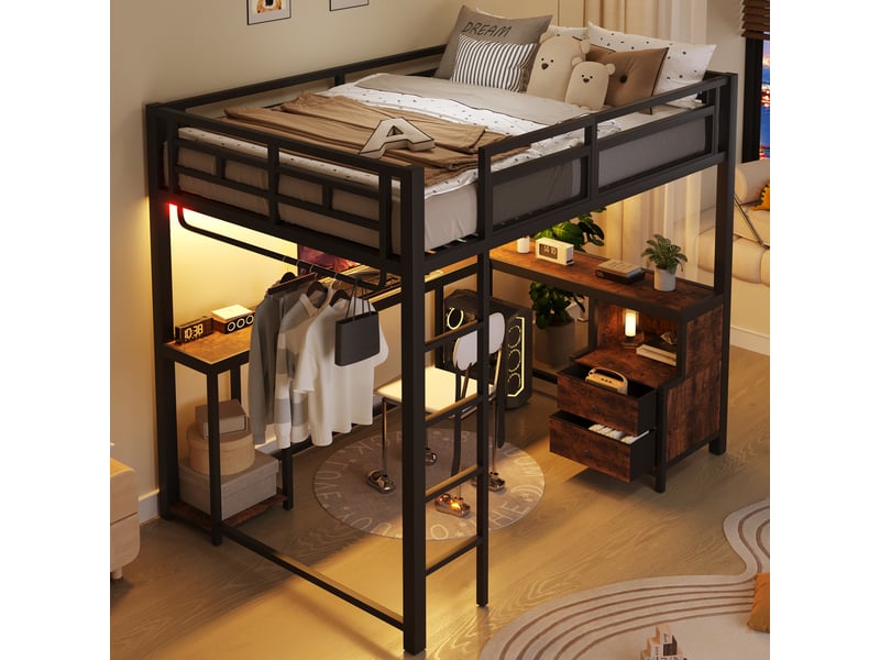  Lit mezzanine 140x200 cm en métal noir avec bureau, led et station usb intégrée  - Conforama E