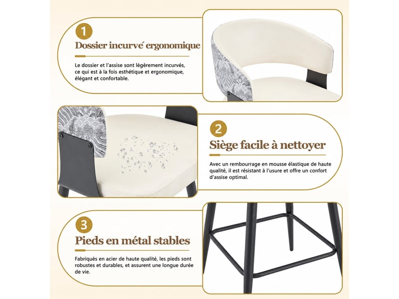  Tabourets de bar avec dossier, lot de 2, simili blanc, métal, hauteur d’assise 64 cm  - Conforama E