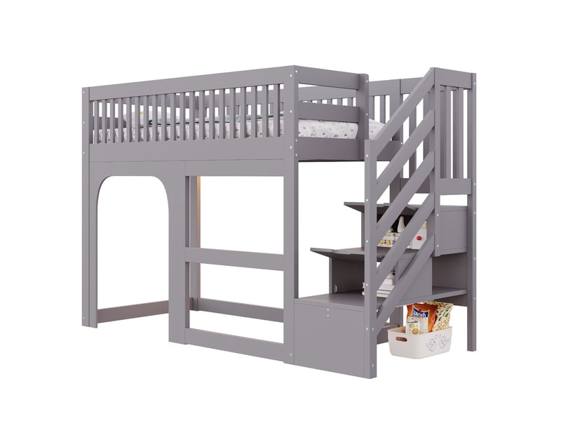  Lit mezzanine enfant 90 x 200 cm décor porte et fenêtre échelle d'accès rangement intégré rangement ouvert sous le lit éclairage led barrière de sécurité coloris gris  - Conforama E
