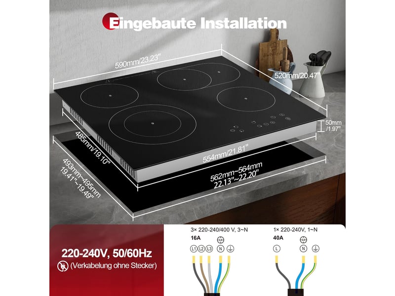 Plaque de cuisson vitrocéramique 4 foyers, table électrique encastrable 60 cm, 6600 w, zones double et ovale, tactile - Conforama C