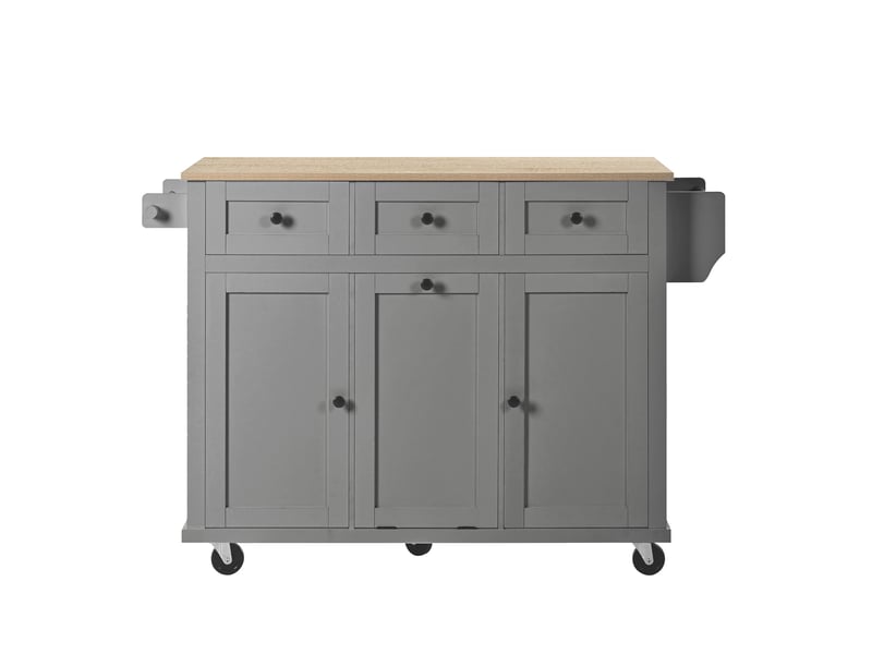  Îlot de cuisine mobile gris avec roulettes, table extensible, tiroirs et compartiment pour poubelle  - Conforama A