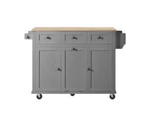 Îlot de cuisine mobile gris avec roulettes, table extensible, tiroirs et compartiment pour poubelle