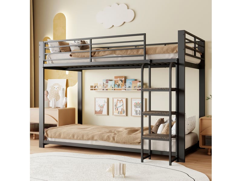  Lit superposé 90 x 200 cm en métal avec marches-étagères en mdf, noir  - Conforama D