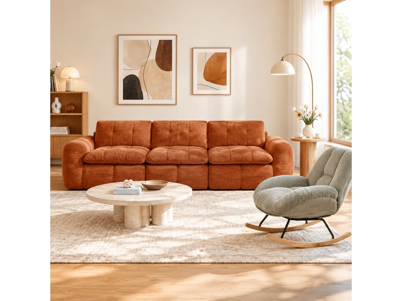 Canapé 3 places, revêtement en tissu chenille, sans assemblage, rouge orangé - Conforama C
