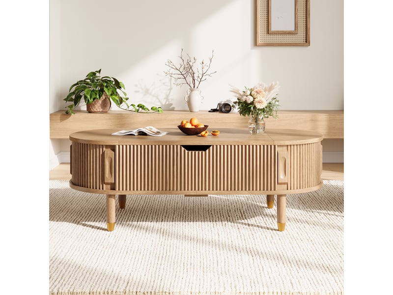  Table basse relevable ovale 110x48x57cm avec portes cannelées coulissantes | coffre mdf décor chêne pieds bois massif - naturel  - Conforama D