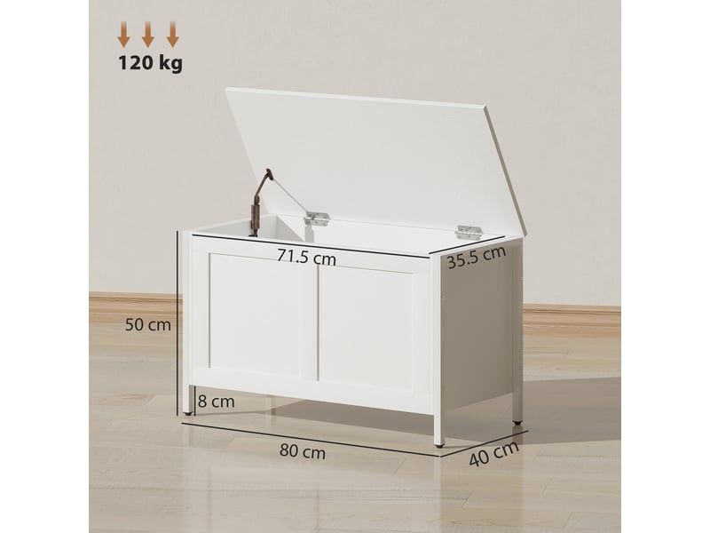  Coffre de rangement pour chambre, 95 l, avec couvercle, banc de rangement avec charnière de sécurité, 80 x 40 x 50 cm, aspect bois blanc  - Conforama E