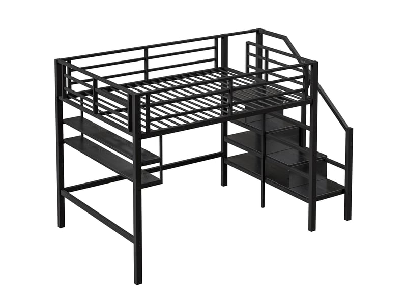 Lit mezzanine enfant 140x200 cm, échelle de rangement, étagère, sommier, métal noir, sans matelas - Conforama R